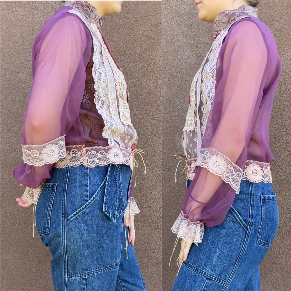 Lorrie Kabala | Vintage Elegant Pink Purple Sheer Lace Long-Sleeve Tunic Blouse - Picture 5 of 13